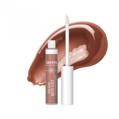 Brillo de labios intenso Water Gloss 01 Cocoa de lavera con aplicador y textura marrón brillante