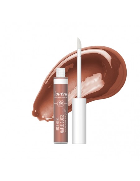 Brillo de labios intenso Water Gloss 01 Cocoa de lavera con aplicador y textura marrón brillante