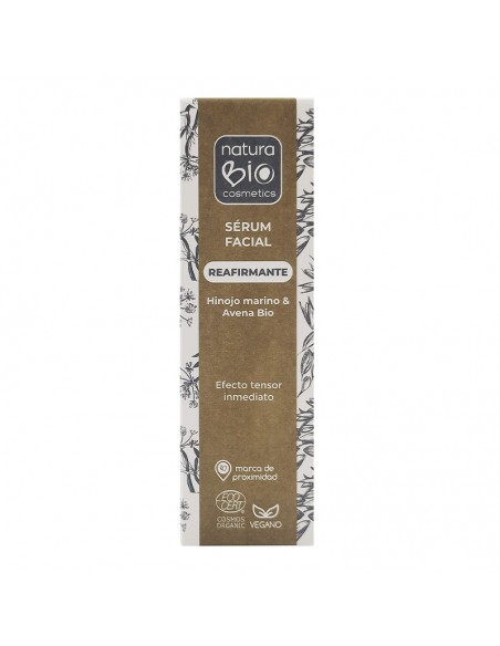 Caja desplegable del sérum facial reafirmante de NaturaBIO Cosmetics.
