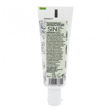 Ingredientes, pasta de dientes sin fluor con menta Bio de 25ml de NaturaBIO Cosmetics. Certificación Ecocert COSMOSORGANIC
