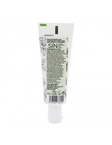 Ingredientes, pasta de dientes sin fluor con menta Bio de 25ml de NaturaBIO Cosmetics. Certificación Ecocert COSMOSORGANIC
