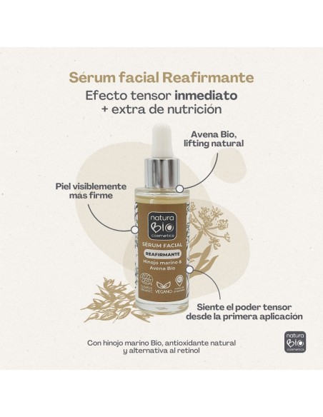 Infografía beneficios sérum facial natural reafirmante NaturaBIO Cosmetics, marca de cosmética natural certificada.