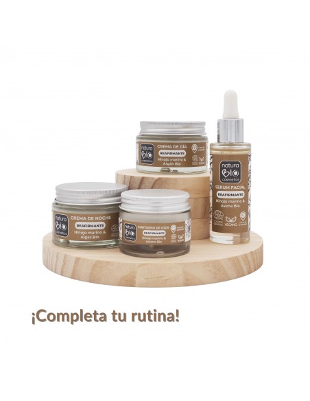 Productos de la línea Reafirmante para completar la rutina facial antiedad de NaturaBIO Cosmetics.
