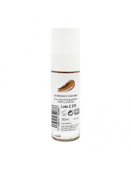 parte posterior del envase de Maquillaje fluido 04 bronce Zahara NaturaBIO Cosmetics
