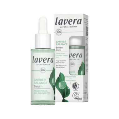 Sérum facial Barrier Balance lavera con prebióticos y té verde Bio, envase verde transparente con caja blanca .