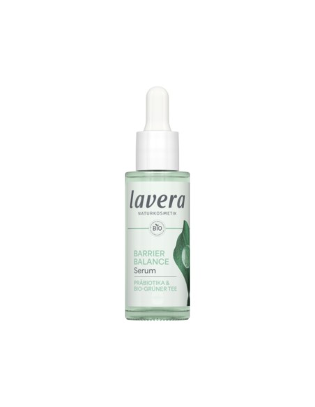 Sérum facial Barrier Balance lavera en envase verde claro con tapón blanco, cosmética natural certificada y vegana.