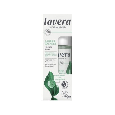 Sérum facial Barrier Balance lavera con prebióticos y té verde Bio, envase verde transparente con caja blanca .