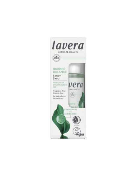 Sérum facial Barrier Balance lavera con prebióticos y té verde Bio, envase verde transparente con caja blanca .