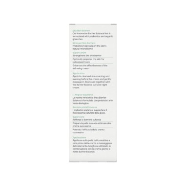 Parte trasera del Sérum facial Barrier Balance lavera con detalle de ingredientes, modo de uso y sellos ecológicos.