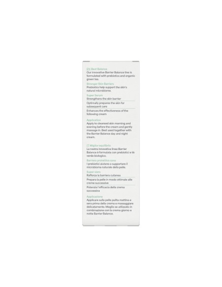 Parte trasera del Sérum facial Barrier Balance lavera con detalle de ingredientes, modo de uso y sellos ecológicos.