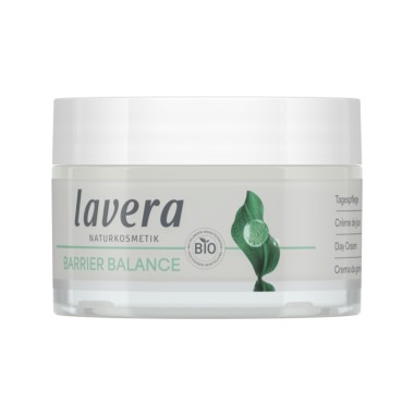Crema de día Barrier Balance lavera en envase blanco con tapa blanca, fórmula vegana sin perfume ni alcohol.