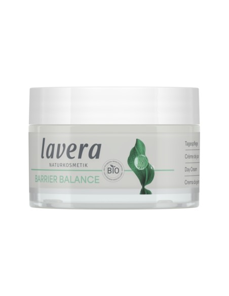 Crema de día Barrier Balance lavera en envase blanco con tapa blanca, fórmula vegana sin perfume ni alcohol.