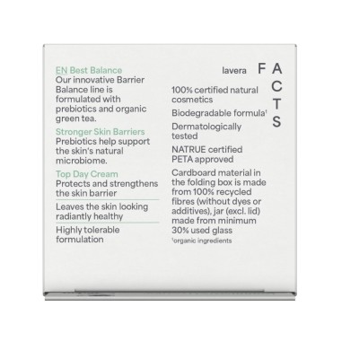 Parte trasera del envase de la Crema de día Barrier Balance lavera con lista de ingredientes y certificaciones Bio