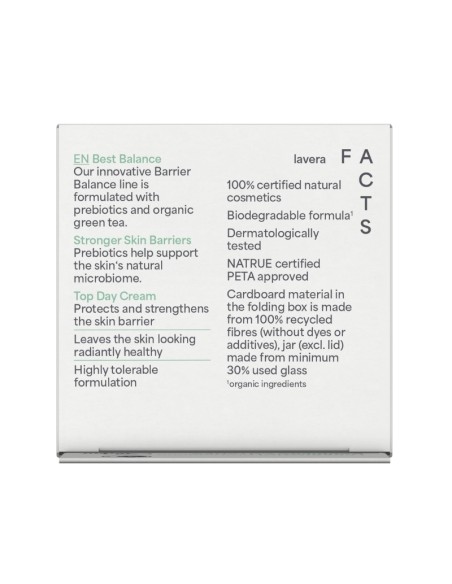Parte trasera del envase de la Crema de día Barrier Balance lavera con lista de ingredientes y certificaciones Bio