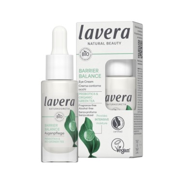 Contorno de ojos crema Barrier Balance lavera con prebióticos y té verde Bio, envase blanco con caja verde claro.