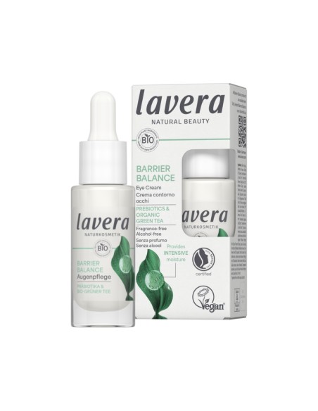 Contorno de ojos crema Barrier Balance lavera con prebióticos y té verde Bio, envase blanco con caja verde claro.