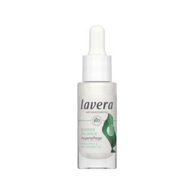Contorno de ojos crema Barrier Balance lavera en envase blanco con dosificador, fórmula vegana sin perfume ni alcohol.