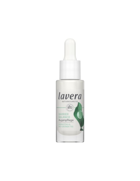 Contorno de ojos crema Barrier Balance lavera en envase blanco con dosificador, fórmula vegana sin perfume ni alcohol.