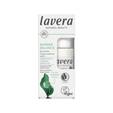 Vista lateral del Contorno de ojos crema Barrier Balance lavera mostrando el diseño ecológico del envase y el embalaje.