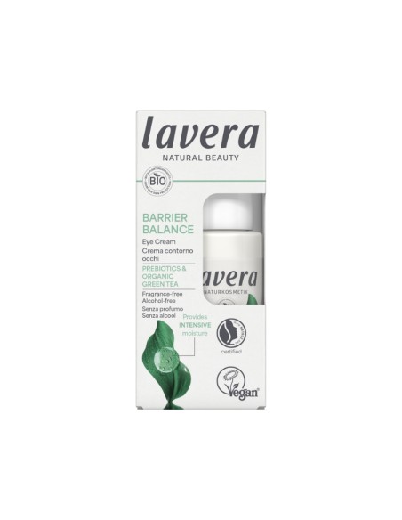 Vista lateral del Contorno de ojos crema Barrier Balance lavera mostrando el diseño ecológico del envase y el embalaje.
