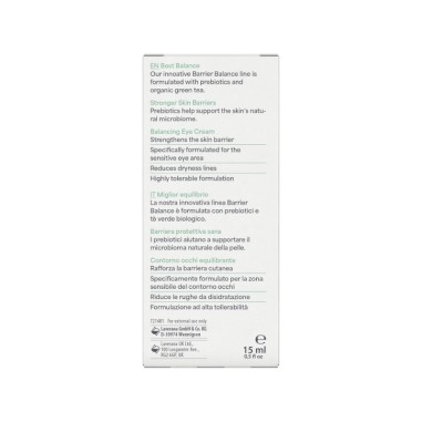 Parte trasera del Contorno de ojos crema Barrier Balance lavera con detalle de ingredientes y certificaciones ecológicas.