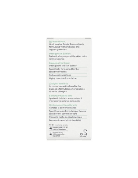 Parte trasera del Contorno de ojos crema Barrier Balance lavera con detalle de ingredientes y certificaciones ecológicas.