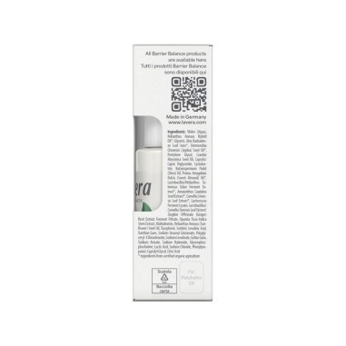 Detalle inferior del Contorno de ojos crema Barrier Balance lavera con información del producto y símbolos de reciclaje.