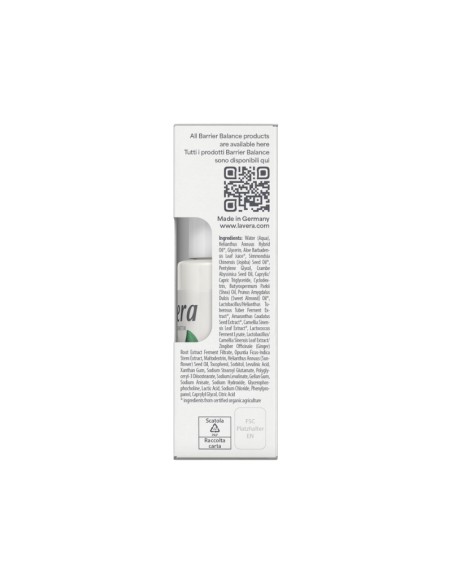 Detalle inferior del Contorno de ojos crema Barrier Balance lavera con información del producto y símbolos de reciclaje.