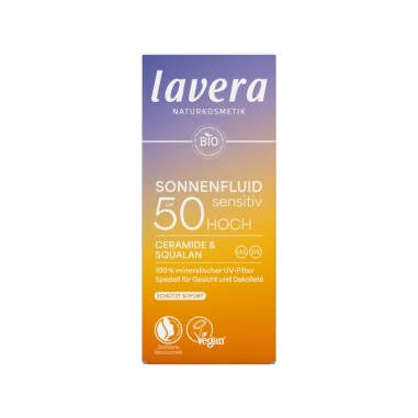 Detalle frontal del tubo del Fluido solar facial Sensitiv SPF 50 lavera con indicación de filtros UV minerales