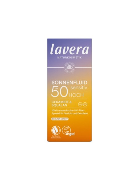 Detalle frontal del tubo del Fluido solar facial Sensitiv SPF 50 lavera con indicación de filtros UV minerales