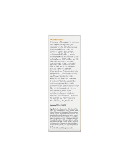 Parte trasera del Fluido solar facial Sensitiv SPF 50 lavera con lista de ingredientes, modo de uso y sellos ecológicos.