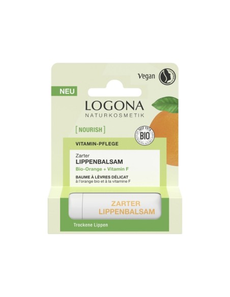 Bálsamo labial natural con naranja y vitamina F Logona para labios secos y sensibles, Bio y nutritivo.