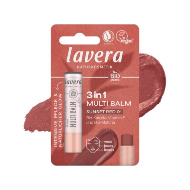 Bálsamo multiusos 3 en 1 Sunset Red 01 de lavera con envase rosa y textura rojiza, ideal para labios, mejillas y párpados