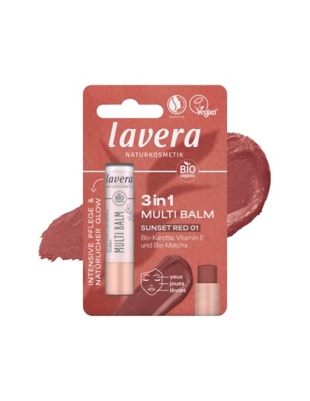 Bálsamo multiusos 3 en 1 Sunset Red 01 de lavera con envase rosa y textura rojiza, ideal para labios, mejillas y párpados