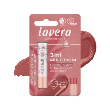 Bálsamo multiusos 3 en 1 Sunrise Rose 04 de lavera con envase rosa y textura rosada, ideal para labios, mejillas y párpados