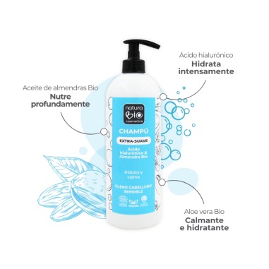 Infografía Champú extra suave ácido hialurónico & almendras Bio 740ml NaturaBIO Cosmetics
