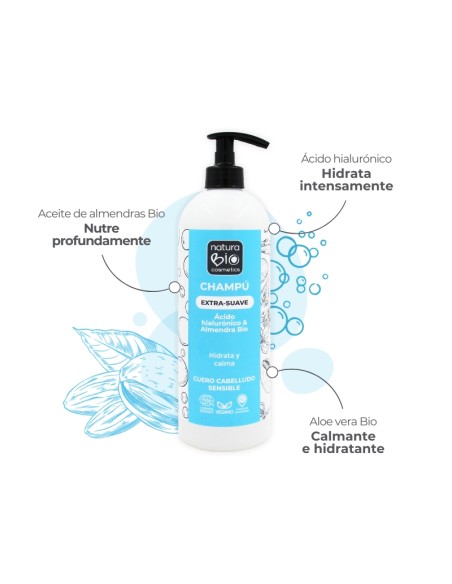 Infografía Champú extra suave ácido hialurónico & almendras Bio 740ml NaturaBIO Cosmetics