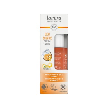 Sérum facial Glow by Nature lavera, vista lateral del frasco con etiquetas e indicaciones de uso