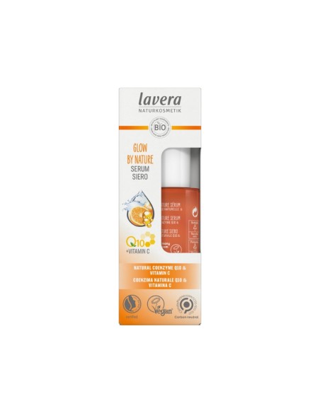 Sérum facial Glow by Nature lavera, vista lateral del frasco con etiquetas e indicaciones de uso