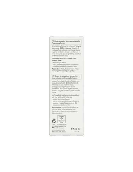 Sérum facial Glow by Nature lavera, detalle del reverso con listado de ingredientes e información ecológica