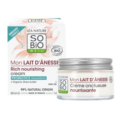 Crema facial nutritiva rica leche de burra SO’BiO étic con manteca de karité Bio.