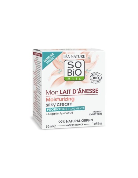 Envase de la crema facial sedosa leche de burra SO’BiO étic con probióticos Bio.