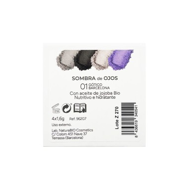 Dorso de la caja de Sombra ojos 4 colores 01 Gótico Barcelona NaturaBIO Cosmetics