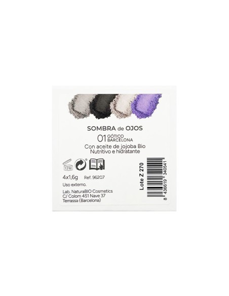 Dorso de la caja de Sombra ojos 4 colores 01 Gótico Barcelona NaturaBIO Cosmetics