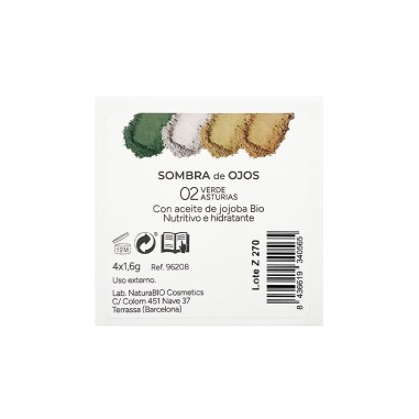 Dorso de la caja de Sombra ojos 4 colores 02 verde Asturias NaturaBIO Cosmetics
