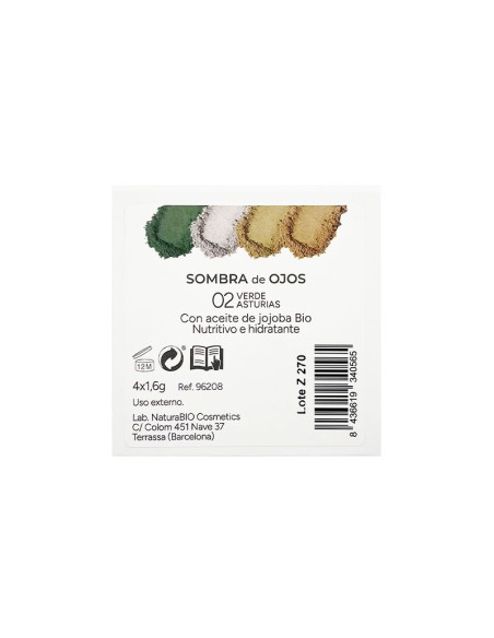 Dorso de la caja de Sombra ojos 4 colores 02 verde Asturias NaturaBIO Cosmetics