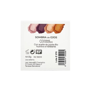 Dorso de la caja de Sombra ojos 4 colores 03 Dunas Canarias NaturaBIO Cosmetics
