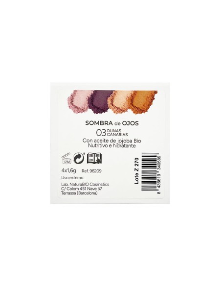 Dorso de la caja de Sombra ojos 4 colores 03 Dunas Canarias NaturaBIO Cosmetics