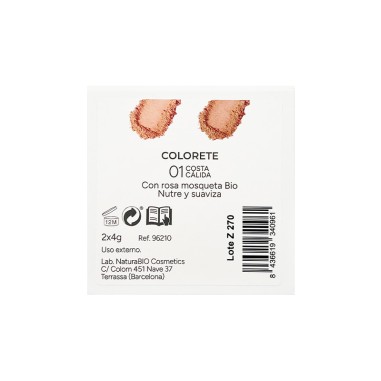 Dorso de la caja de Colorete dúo 01 Costa Cálida NaturaBIO Cosmetics