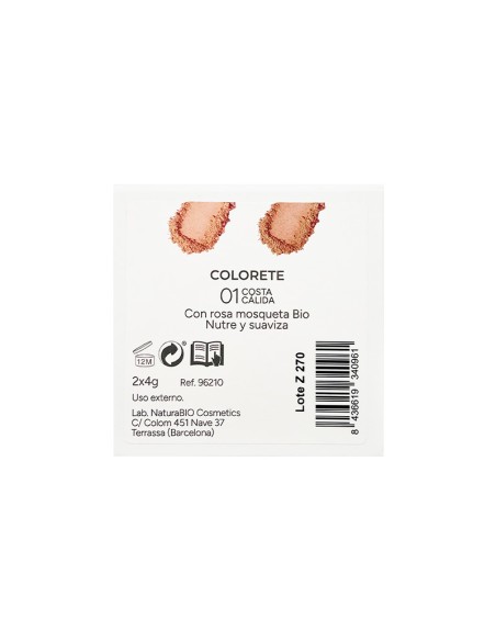 Dorso de la caja de Colorete dúo 01 Costa Cálida NaturaBIO Cosmetics